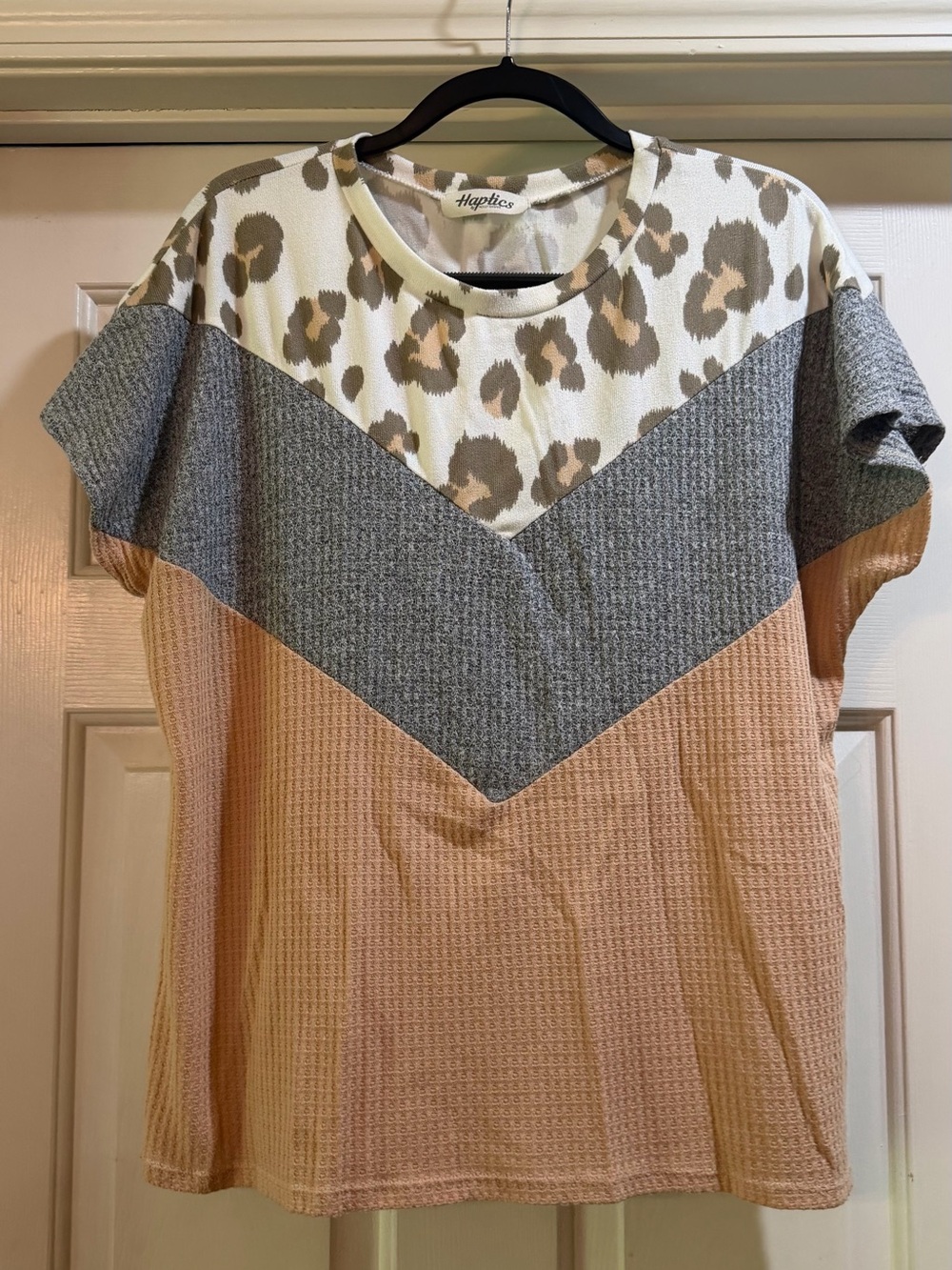 Haptics Women's Waffle Knit Colorblock Top in Taupe, Gray & Cream Leopard Size L